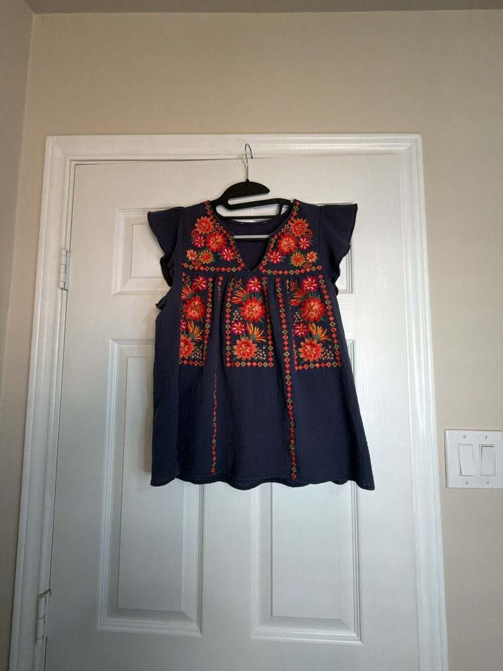 Savanna Jane Embroidered Blouse Size M Blue Cotton Floral Top
